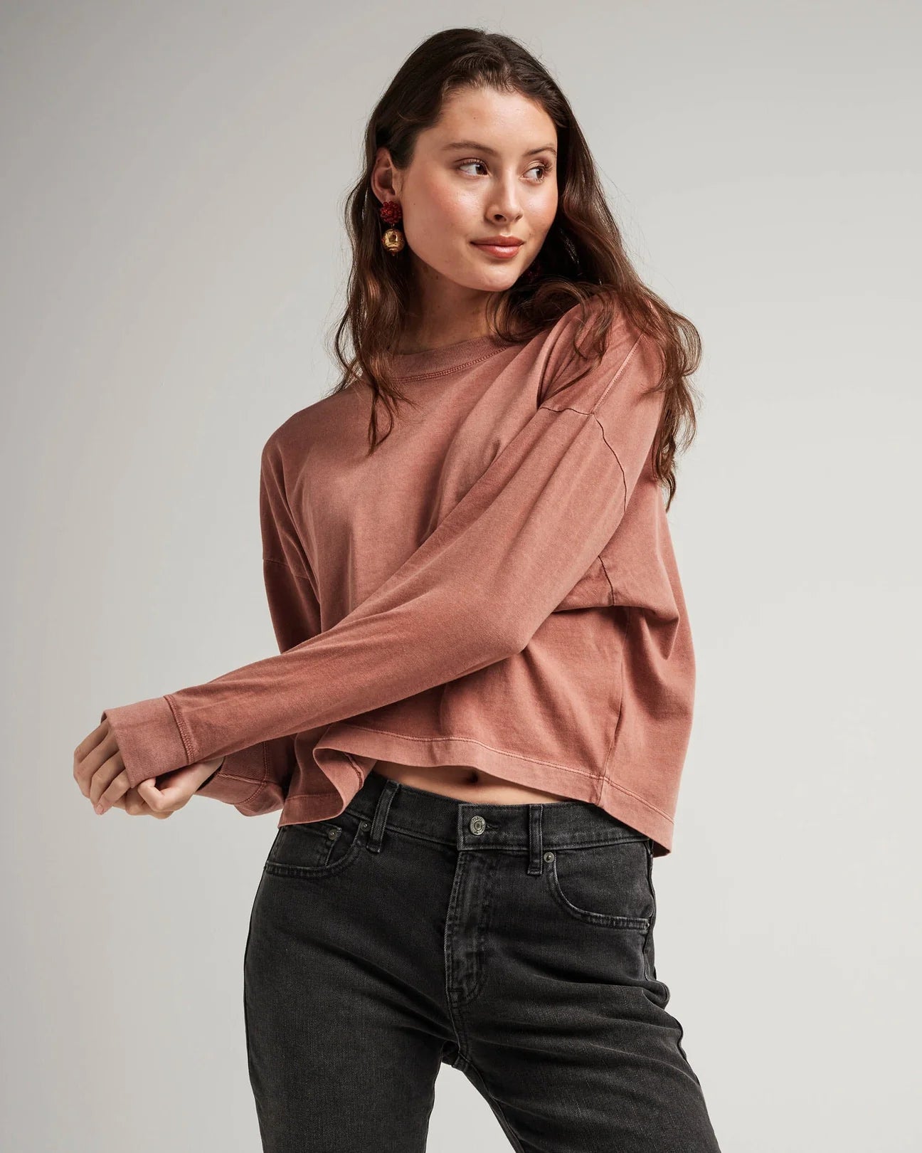 Relaxed Crop Long Sleeve Tee in Russet | Richer Poorer