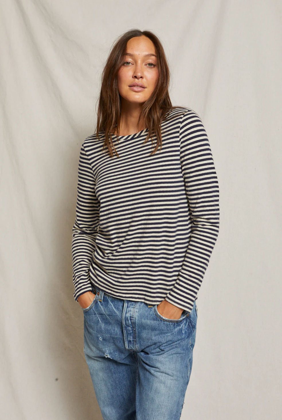 Dylan Long Sleeve Crew in Navy Stripe | Perfect White Tee